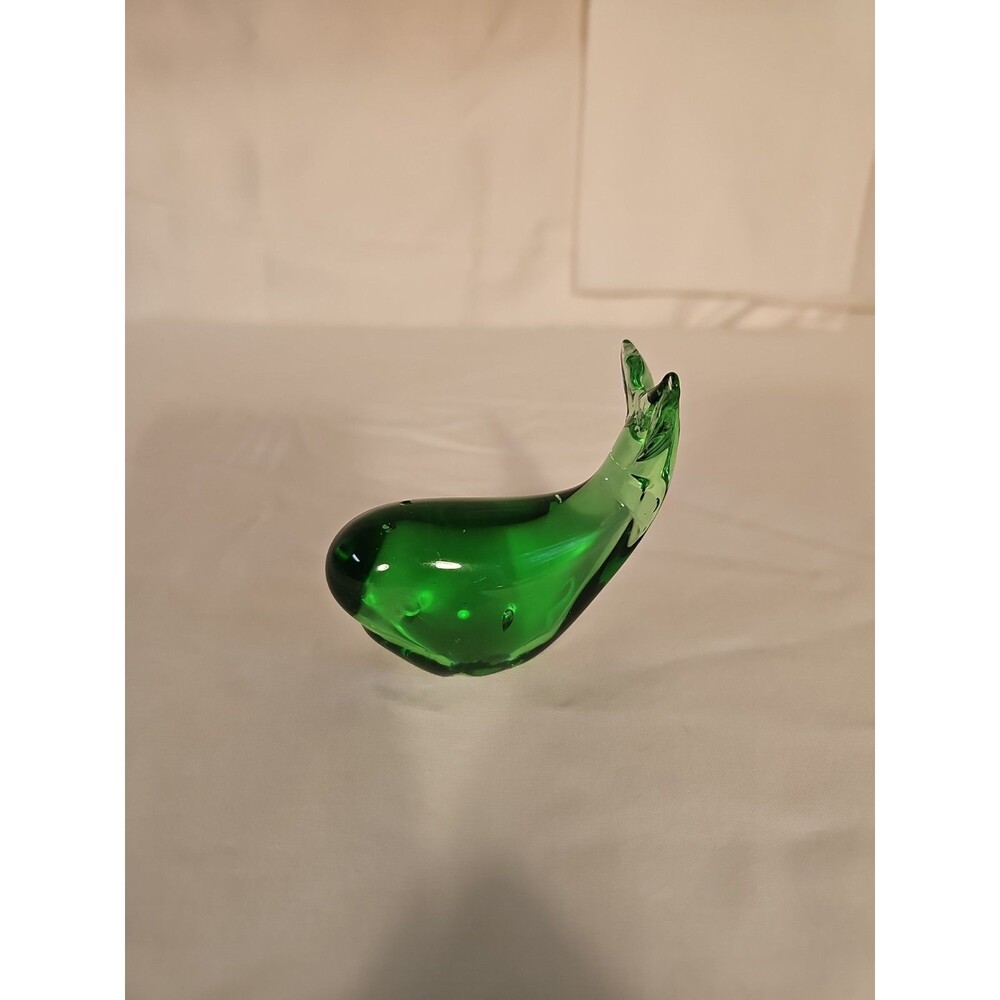 Green Art Blown Glass Paperweight Whale Dolphin Figure Figurine Tail Up